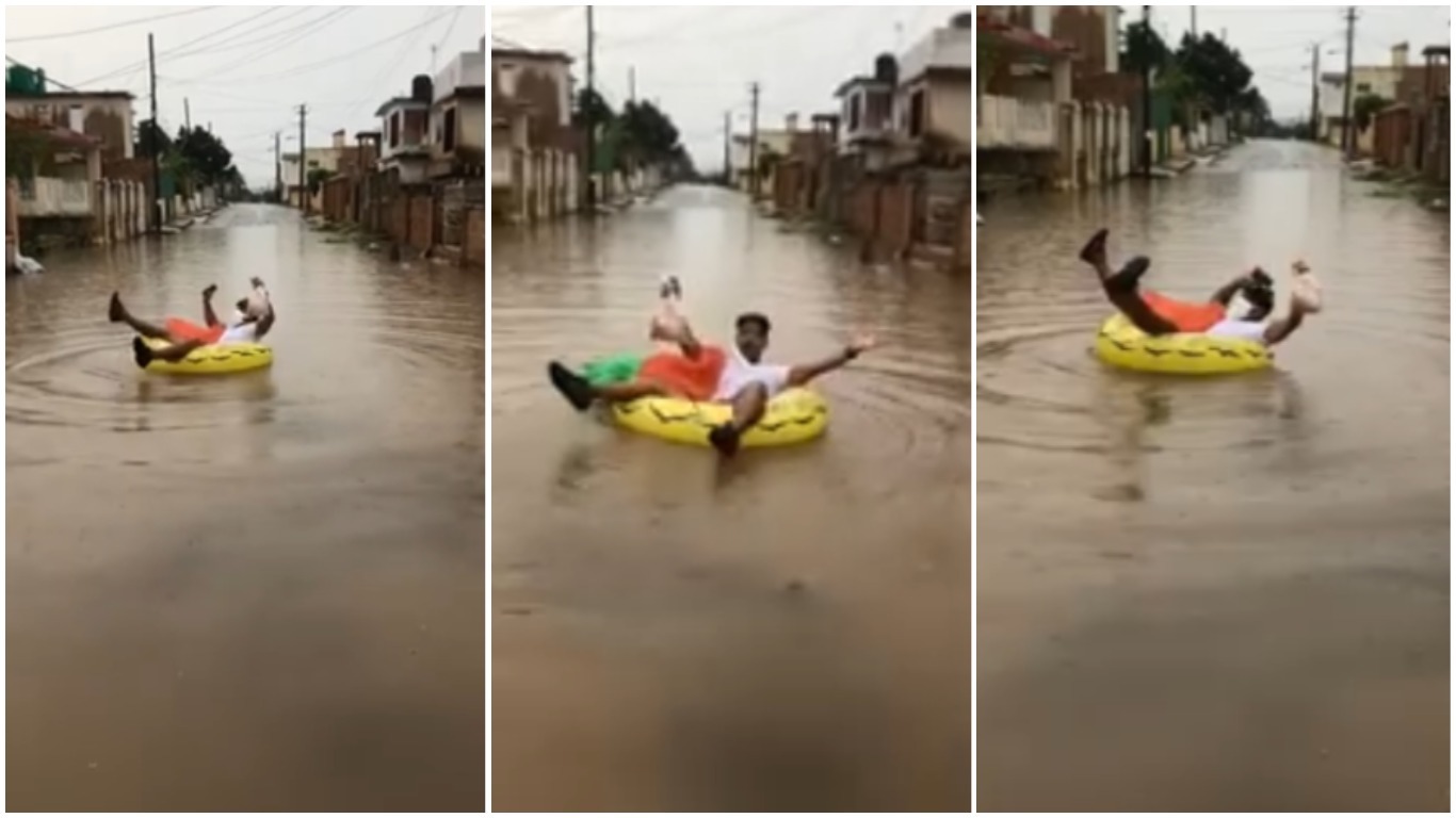 Viral!! Cubano celebra en una balsa en medio de una inundación que alcanzó pollo en la tienda