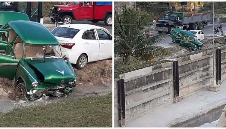 Violento accidente de tránsito en la Avenida del Puerto de La Habana entre un Ford antiguo y un automóvil de renta al turismo