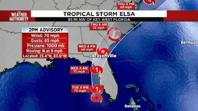 Elsa nuevamente a punto de convertirse en huracán, mientras se aproxima y amenaza a la costa oeste de Florida